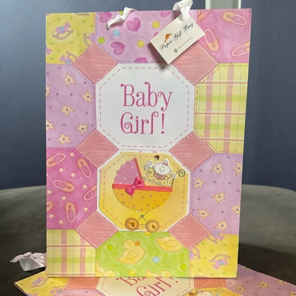 Baby Shower Large Gift Bags 12 Pack Ribbon Handles 6 Designs Pink & Blue NEW